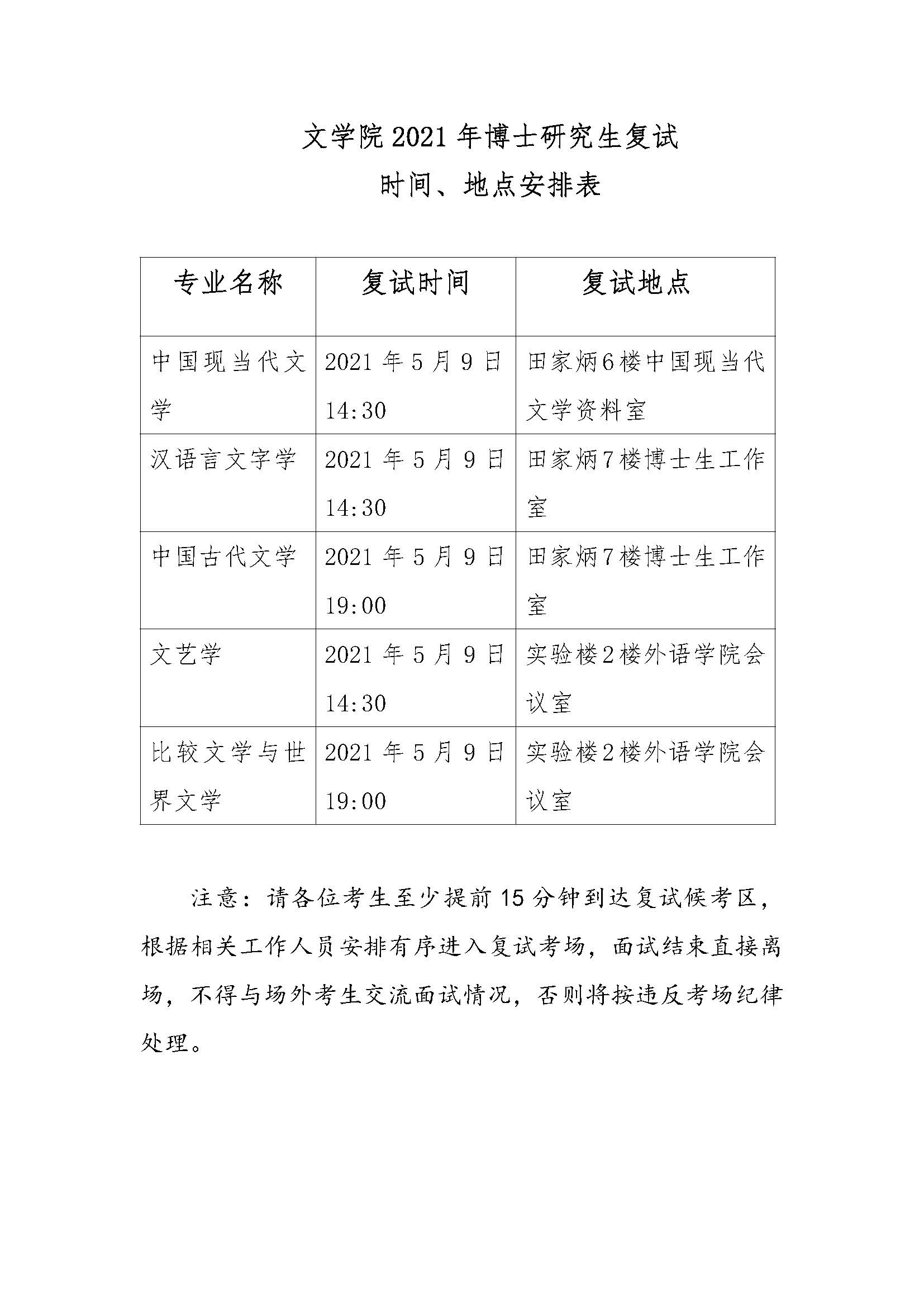 005文学院2021年博士研究生复试安排表